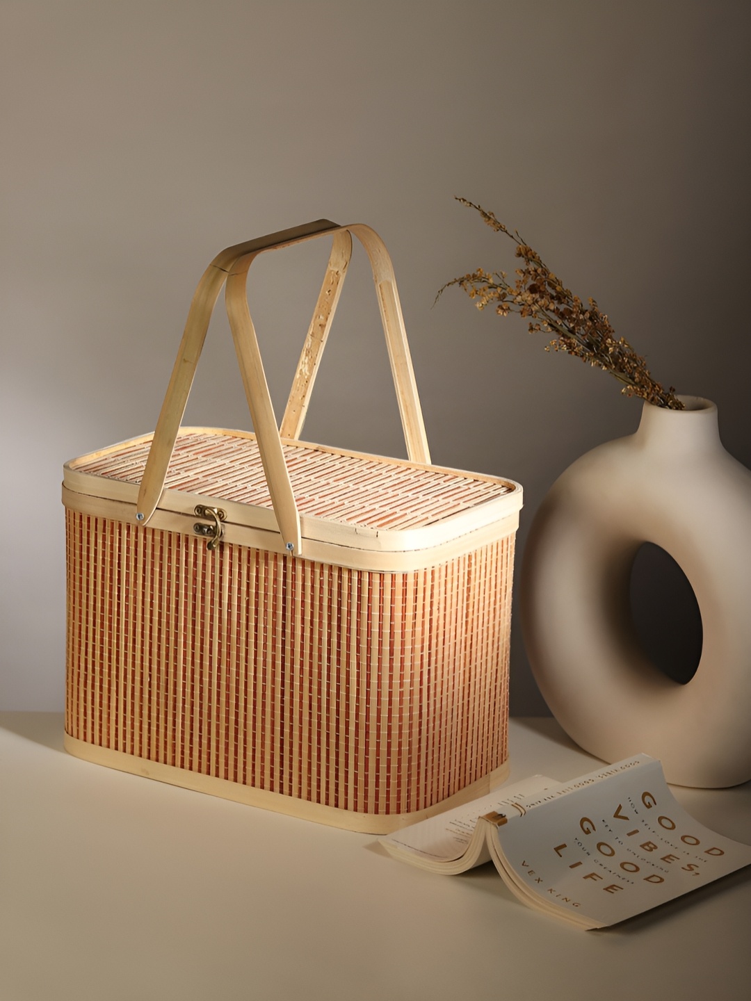 

HABERE INDIA Beige Self Design Reusable Bamboo Multi-Utility Basket with Handles