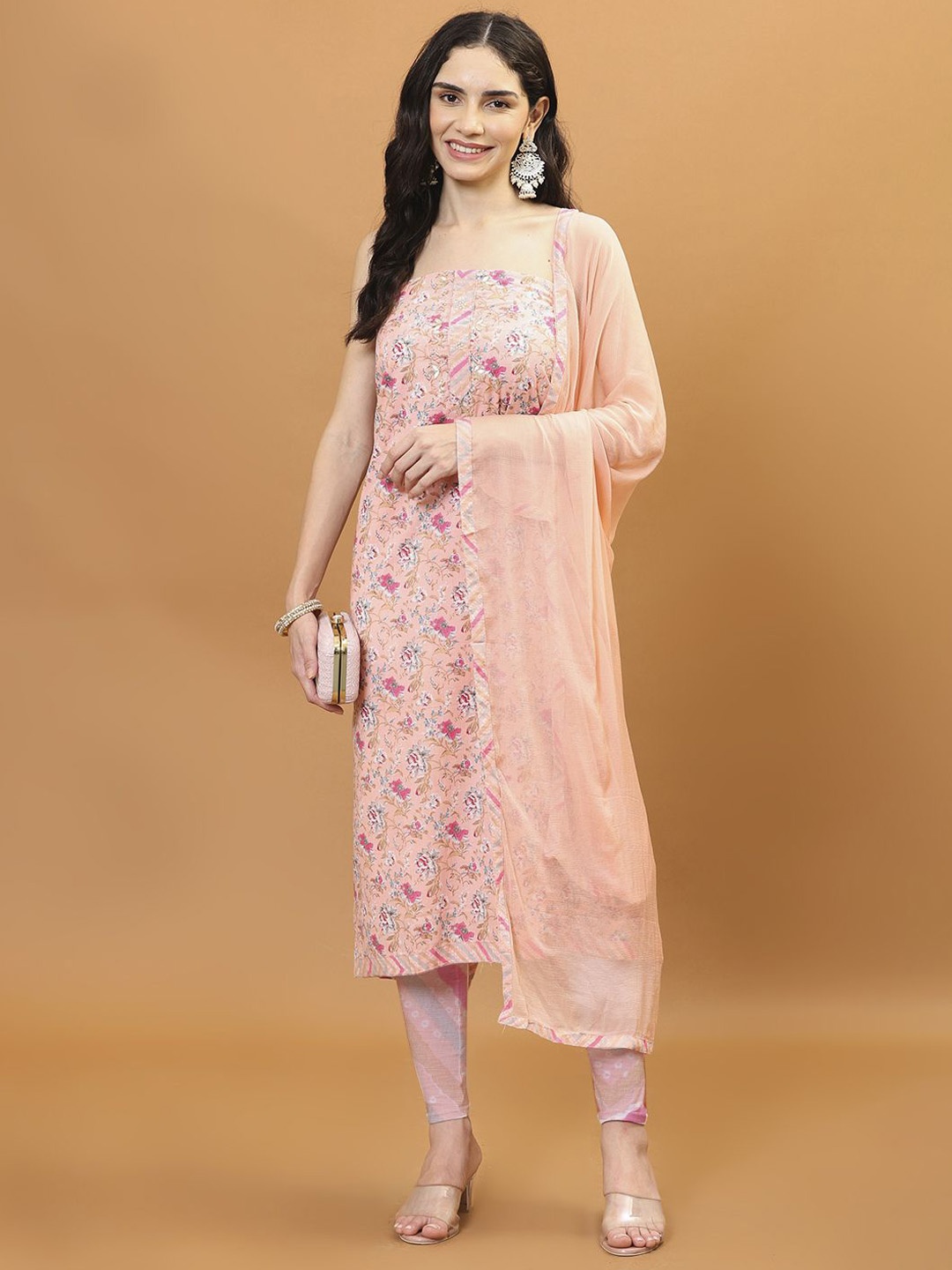 

Meena Bazaar Printed Unstitched Dress Material, Peach