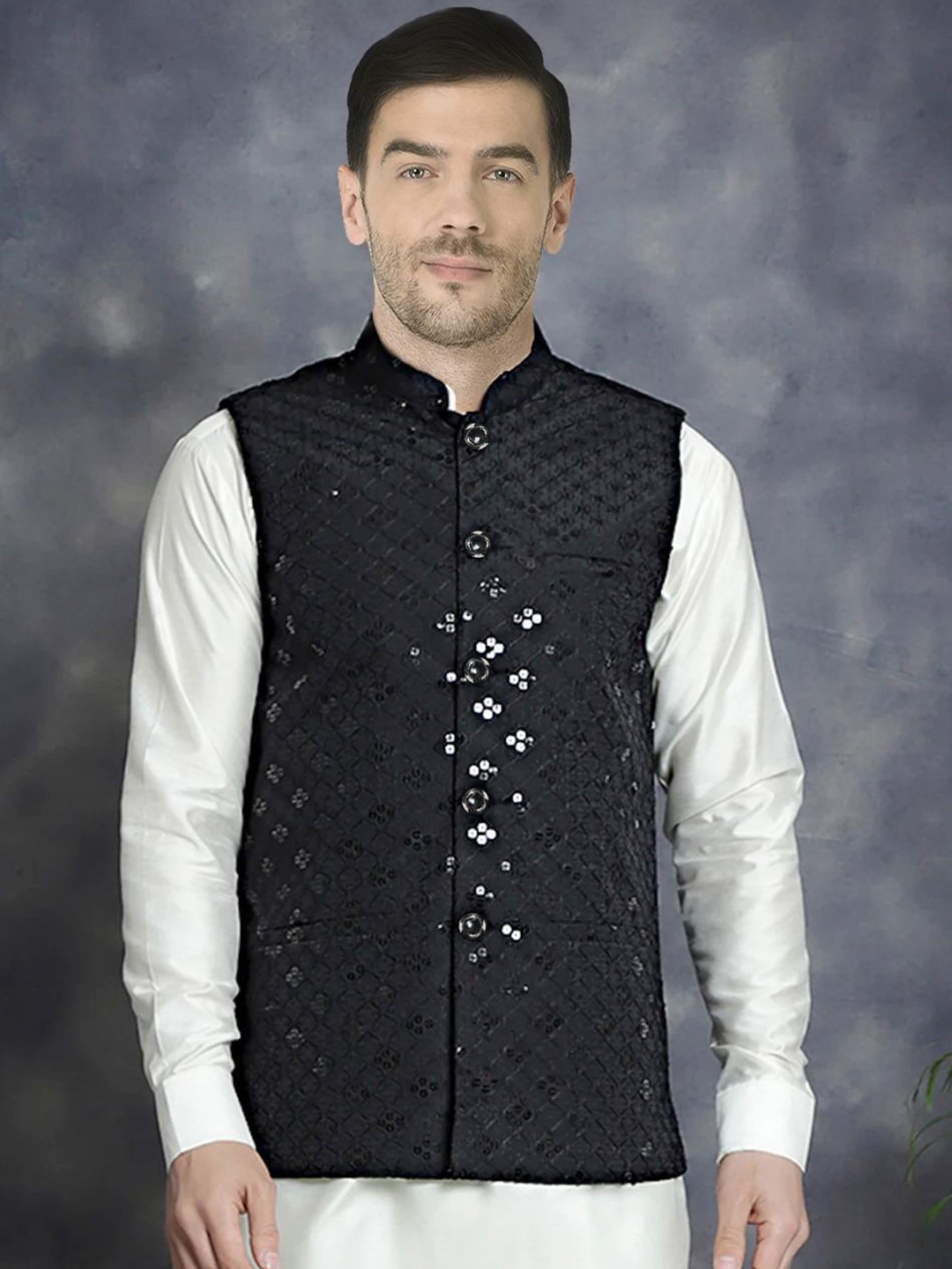 

SG LEMAN Embroidered Nehru Jacket, Black