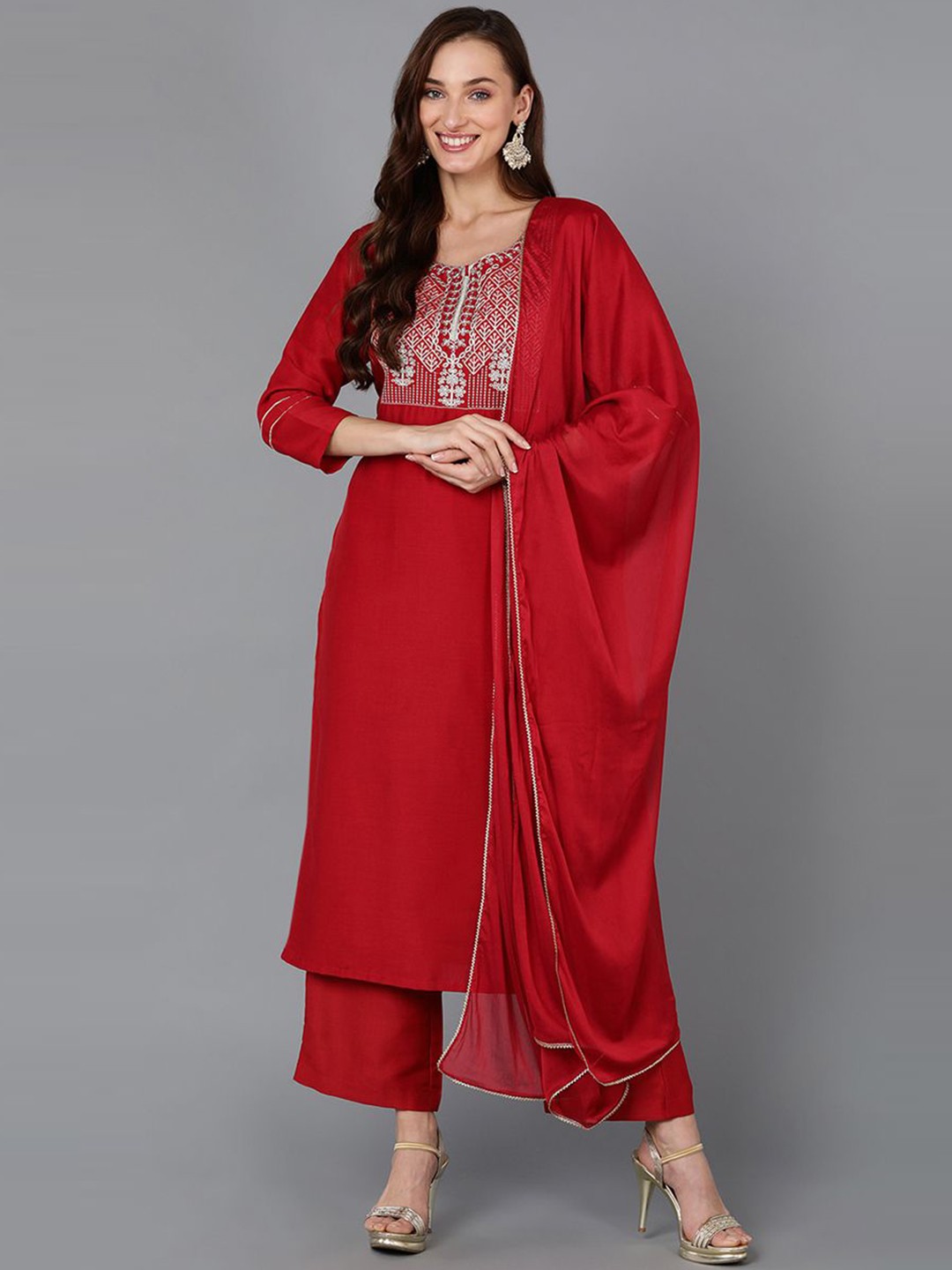 

AHIKA Women Floral Embroidered Regular Kurta with Palazzos & With Dupatta, Red