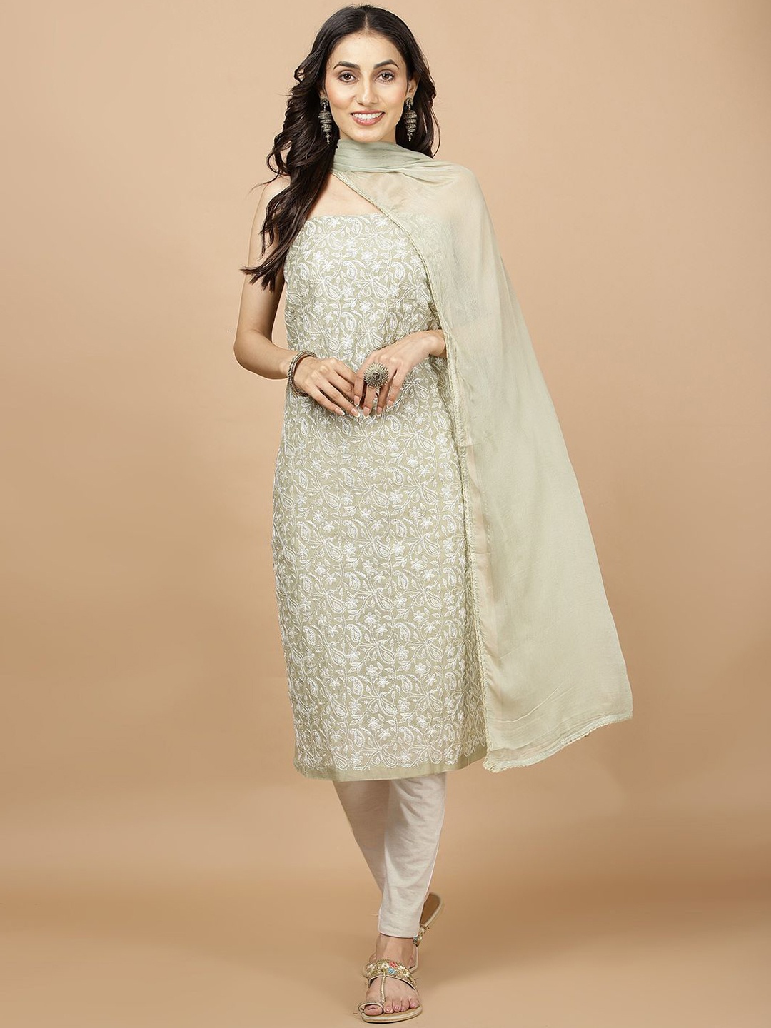 

Meena Bazaar Floral Embroidered Thread Work Chanderi Unstitched Dress Material, Green