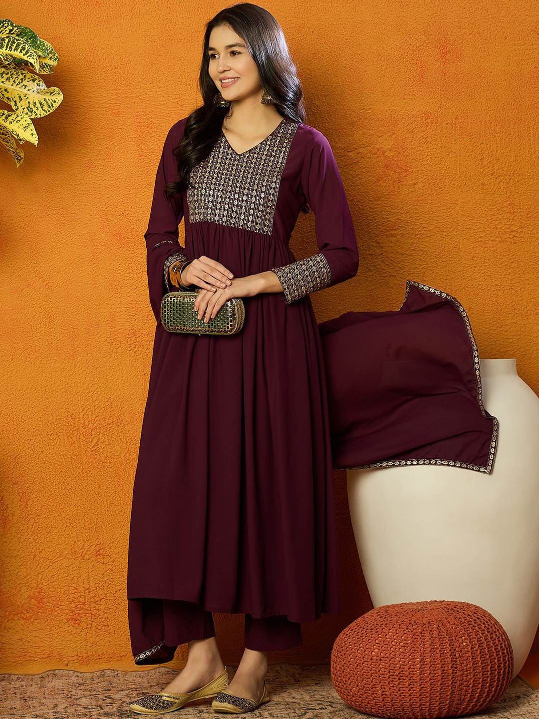 

AHIKA Women Floral Embroidered Pleated Sequinned Kurta with Trousers & With Dupatta, Burgundy