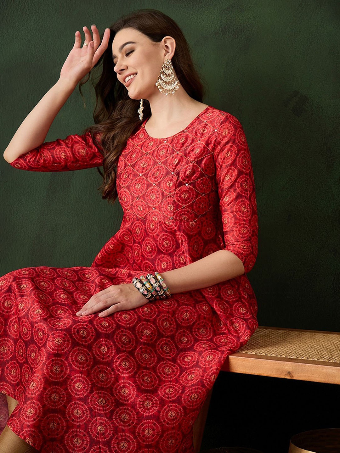 

Sangria Digital Printed With Sequin Anarkali Kurta, Red