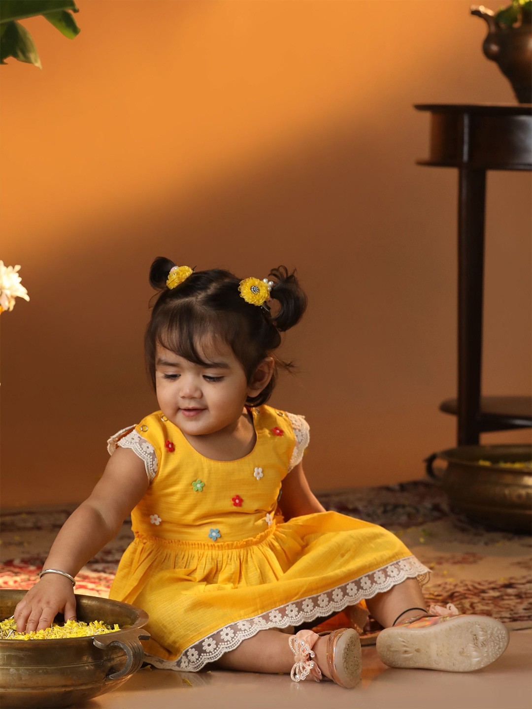 

VASTRAMAY Floral Embroidered Fit & Flare Dress, Yellow