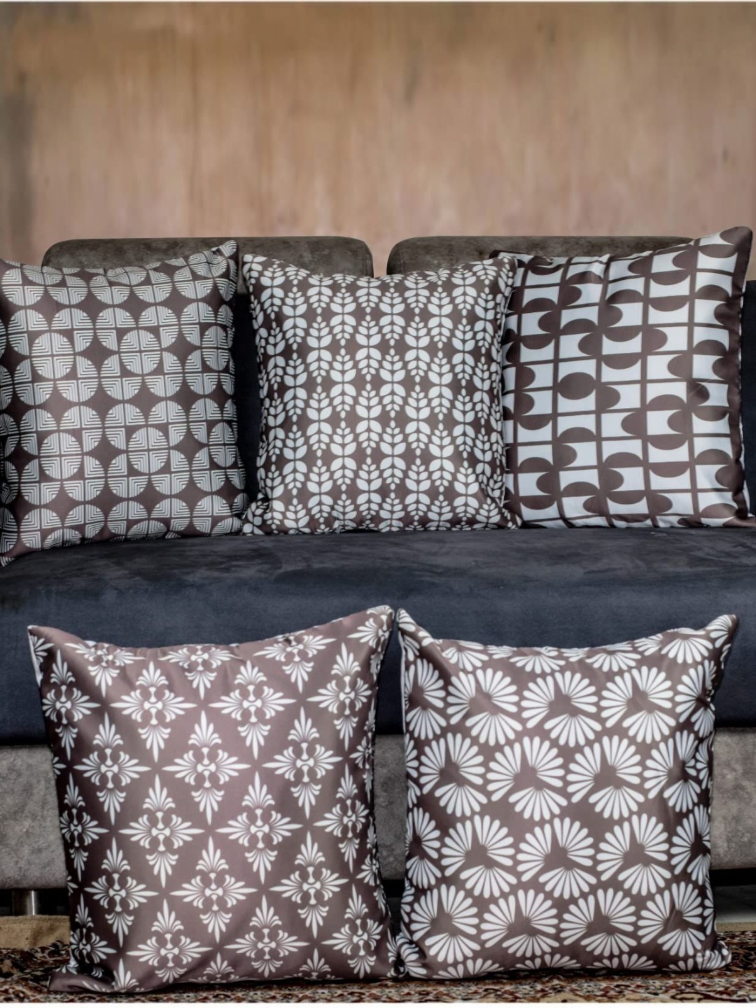 

Vendola Brown & White 5 Pieces Floral Printed Satin Square Cushion Covers