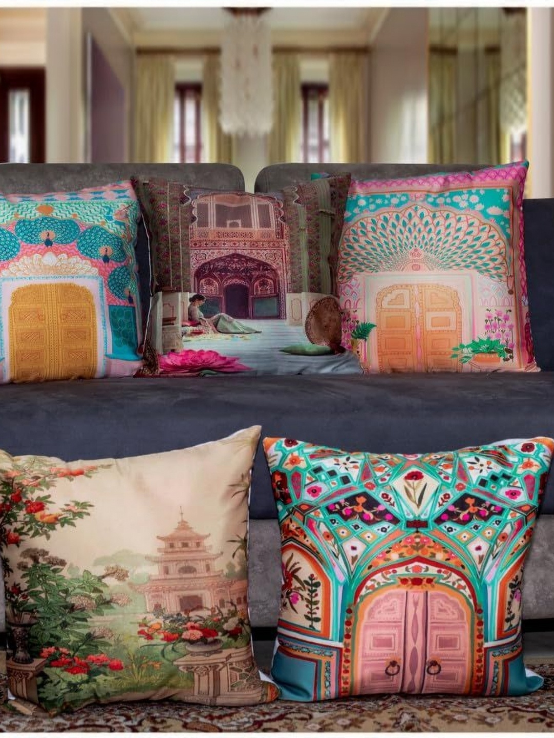 

Vendola Pink & Green 5 Pieces Ethnic Motifs Satin Square Cushion Covers
