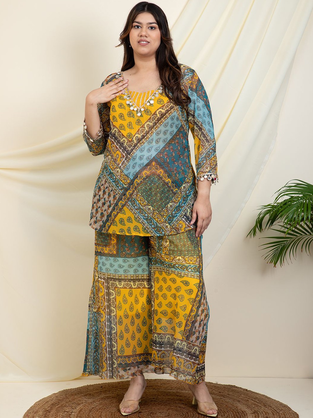 

DEEBACO Plus Size Ethnic Motifs Printed Tunic With Crop Top & Palazzo, Yellow