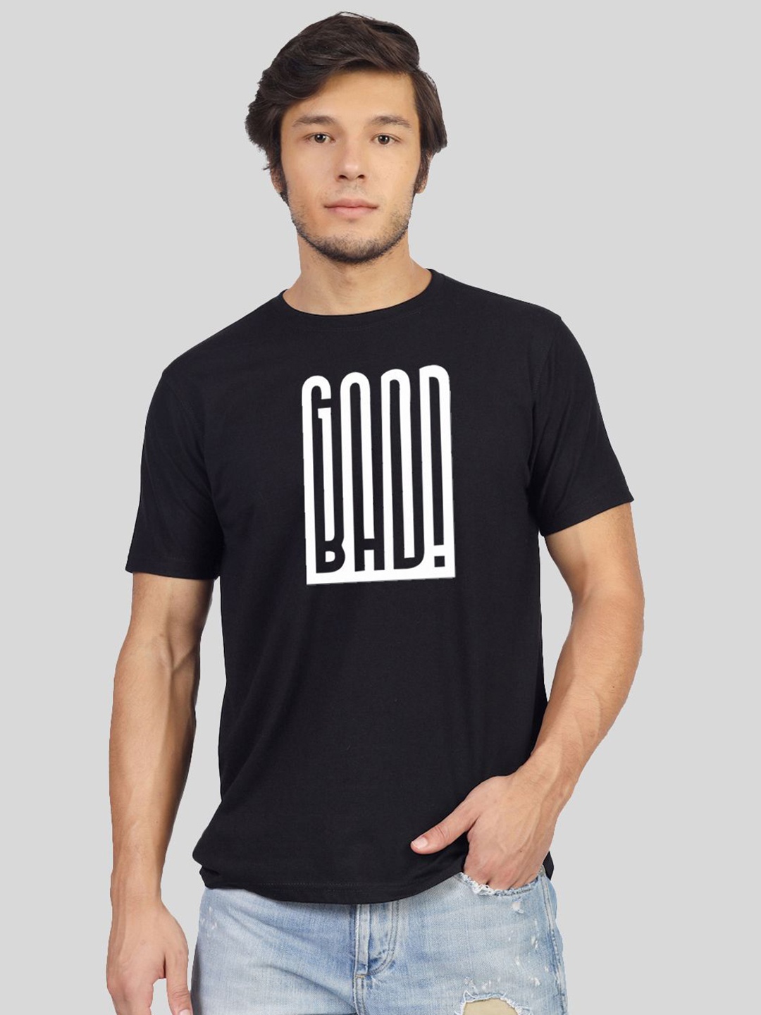 

Greylongg Men Typography Printed Round Neck Cotton T-shirt, Black