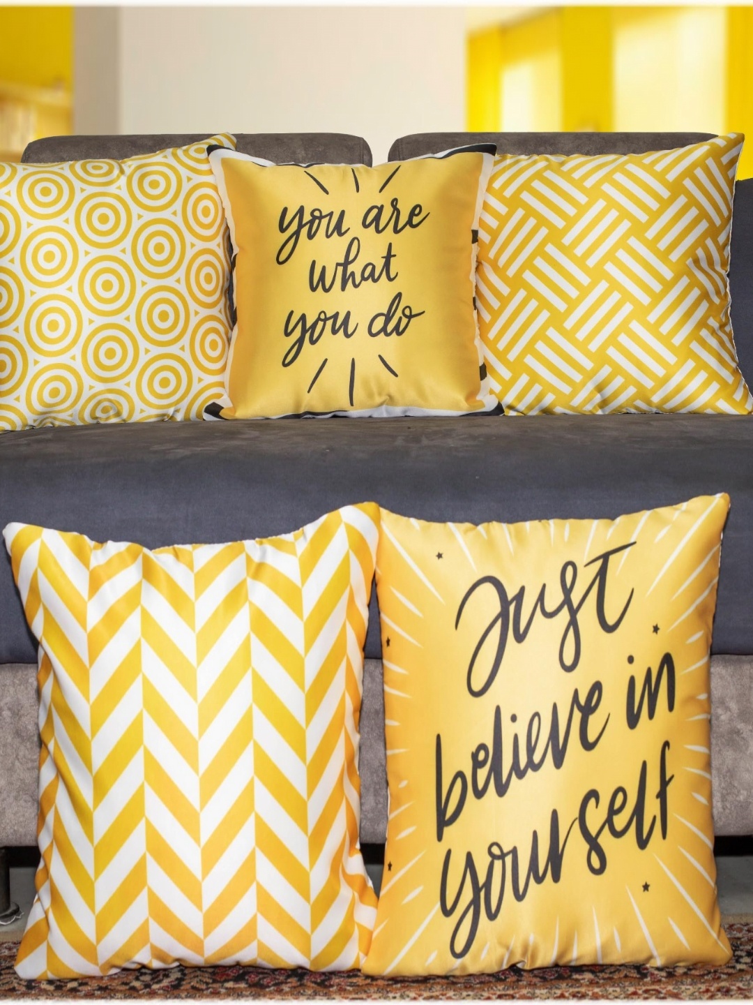 

Vendola Yellow & White 5 Pieces Geometric Satin Square Cushion Covers