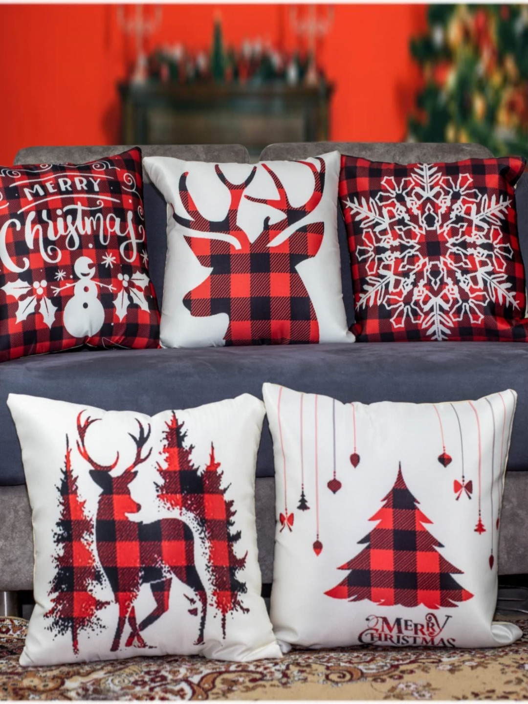 

Vendola White & Red 5 Pieces Abstract Satin Square Cushion Covers