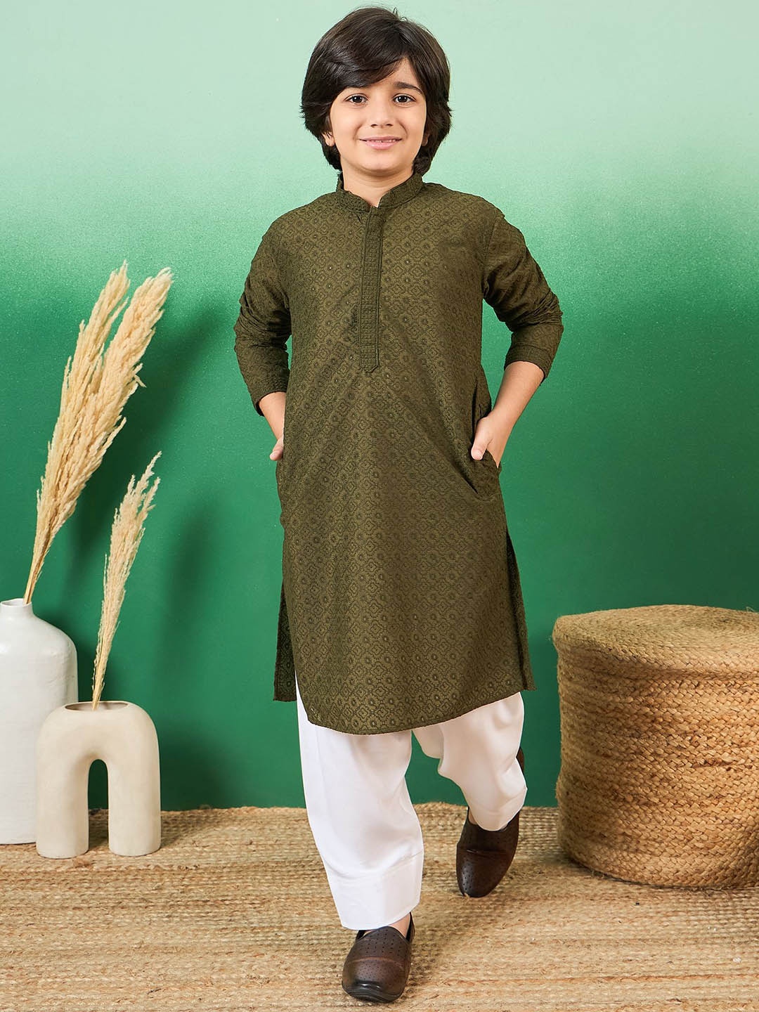 

Sangria Boys Chikankari Embroidered Kurtas, Green