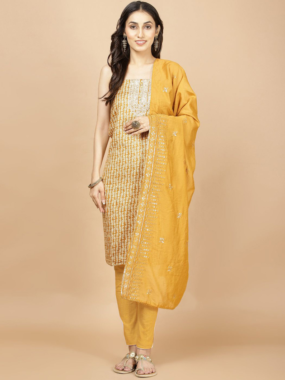 

Meena Bazaar Floral Printed Sequinned Detail Cotton Unstitched Dress Material, Mustard