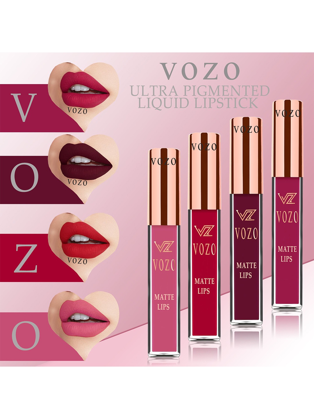 

VOZO Set Of 4 Matte Lips Liquid Lipstick 4 ml Each Shade 101-103-104-203, Red