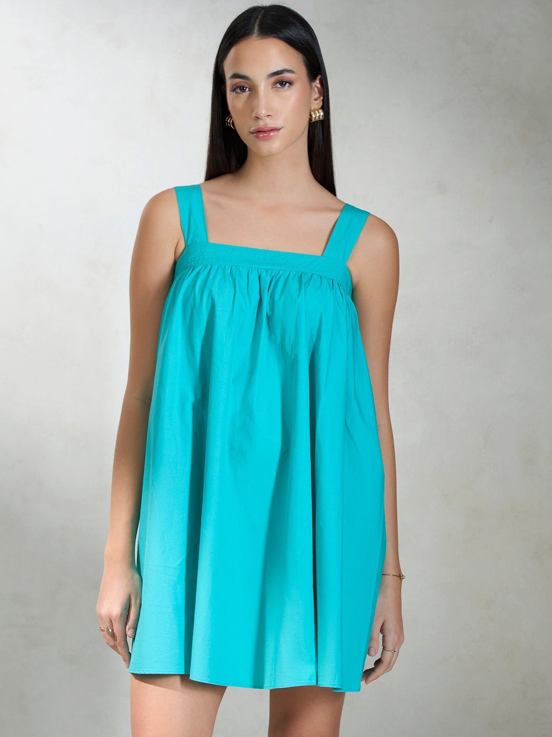 

Virgio Women Cotton Straight Neck Mini Length Solid Broad Strap Sleeve Dress, Sea green