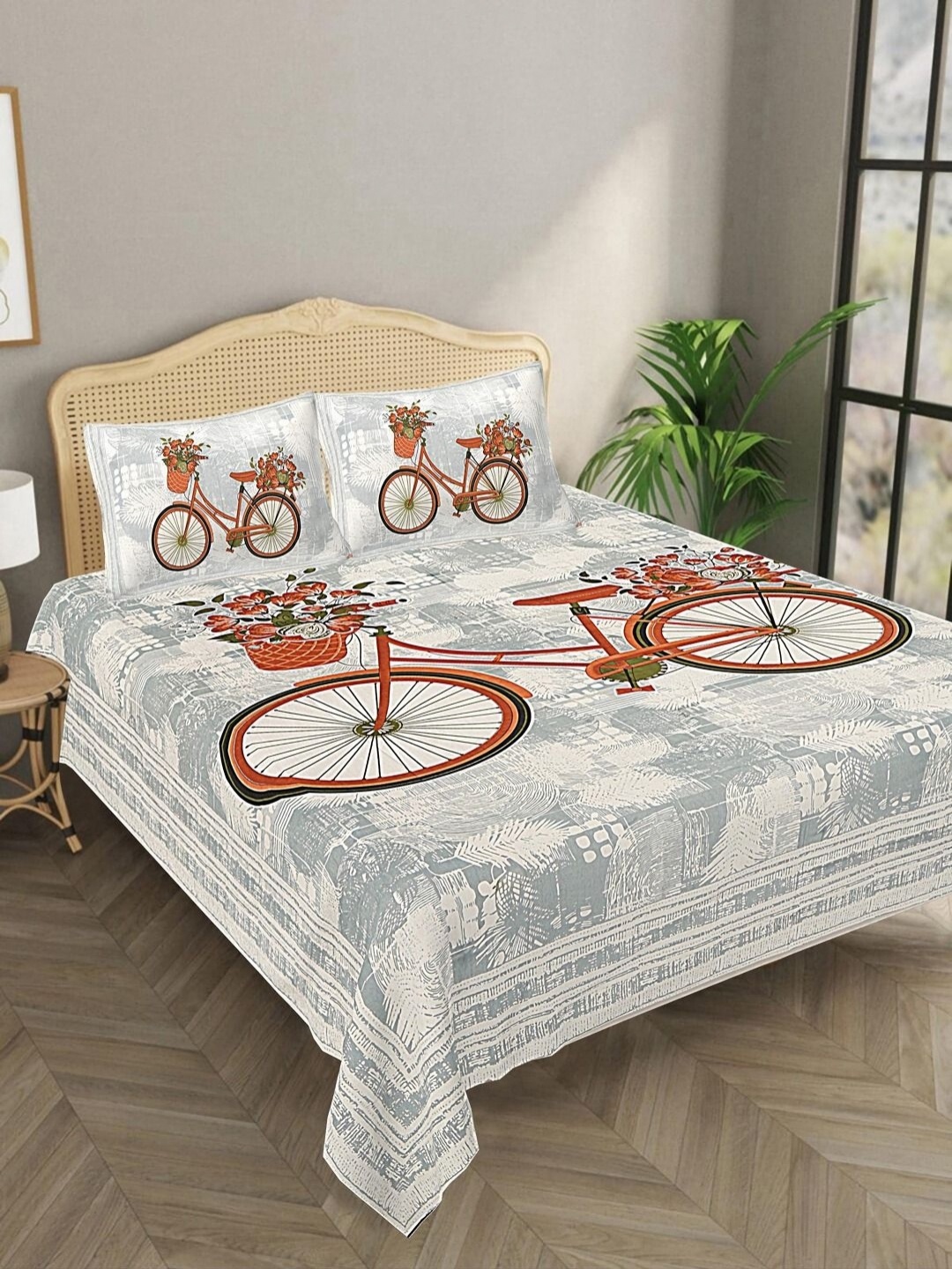 

Bombay Spreads Grey & Orange Floral 144 TC King Bedsheet with 2 Pillow Covers