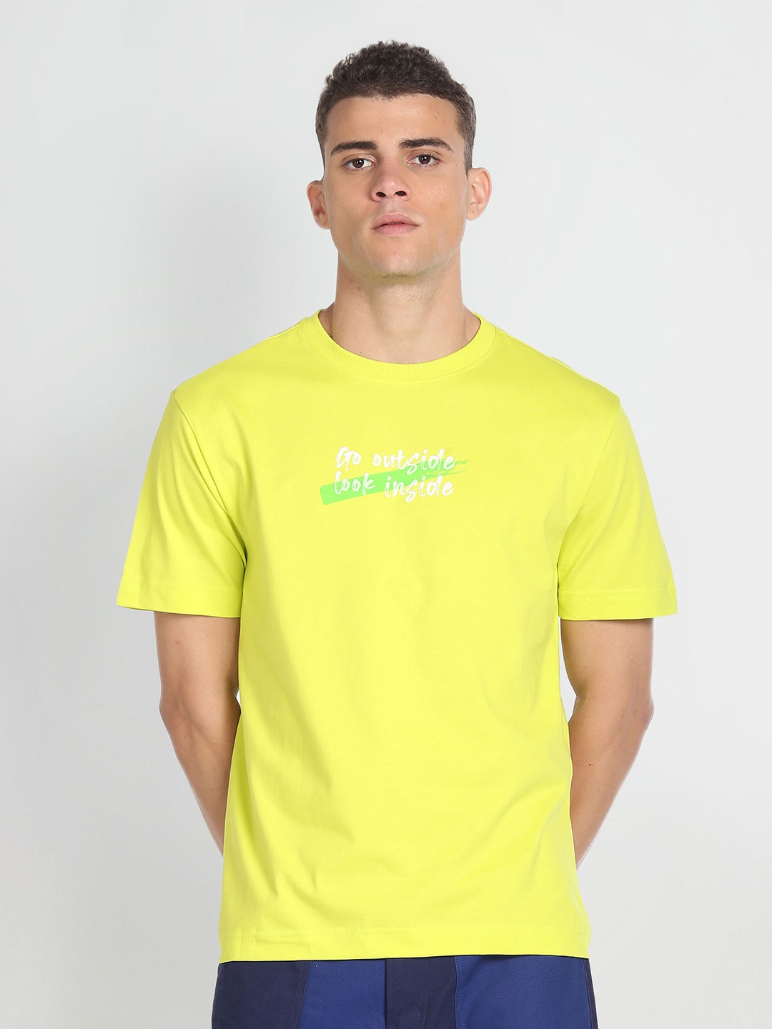 

Flying Machine Typography Printed Pure Cotton T-shirt, Yellow