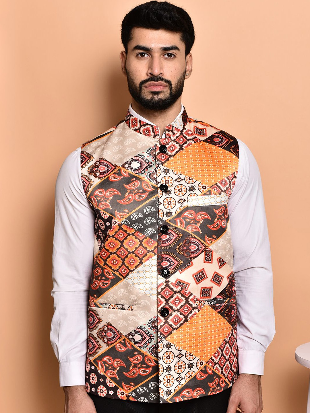 

PRINTCULTR Printed Woven Nehru Jacket, Beige