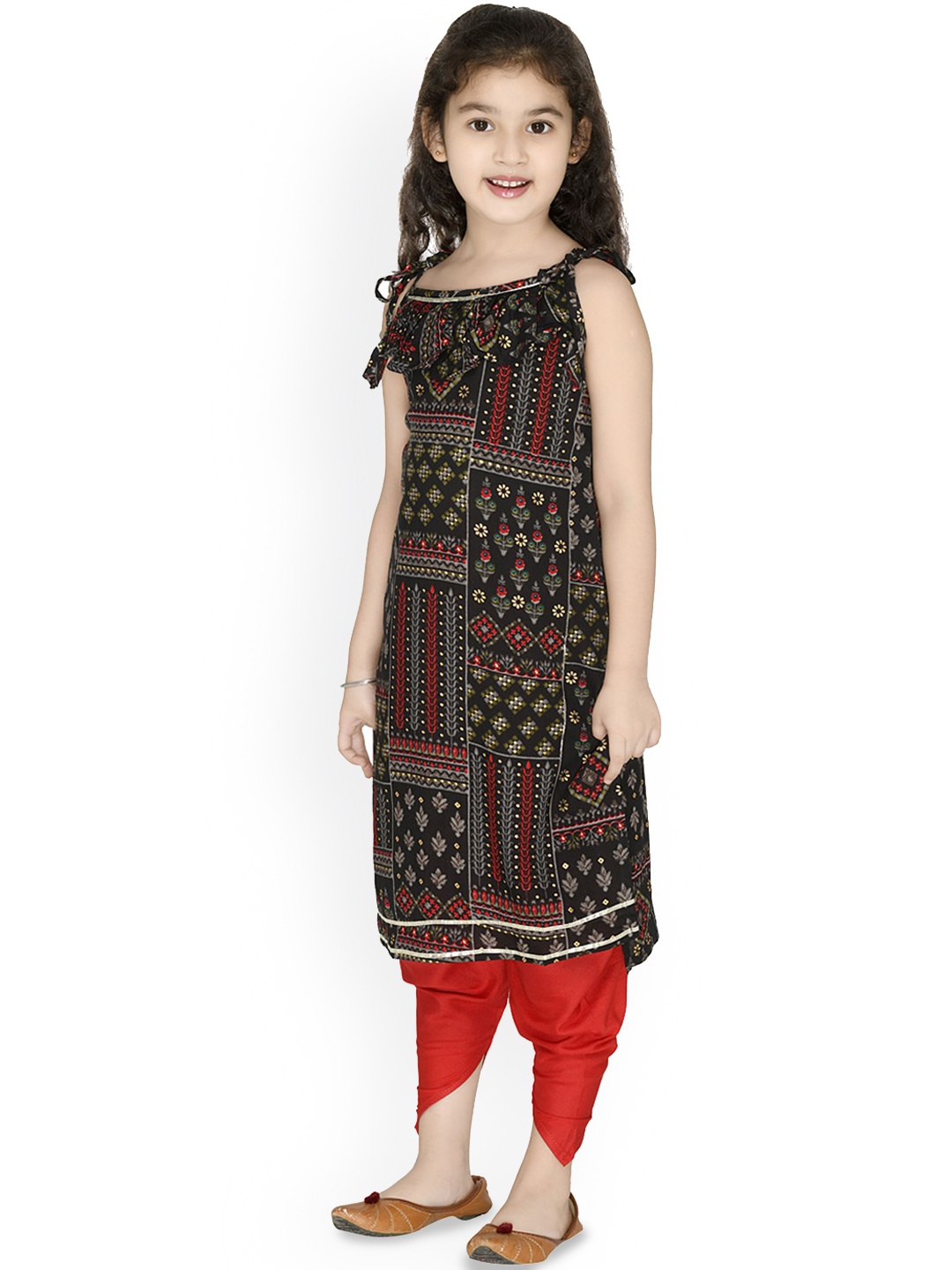 

Arshia Fashions Girls Floral Printed Regular Straight Kurta with Dhoti Pants, Black