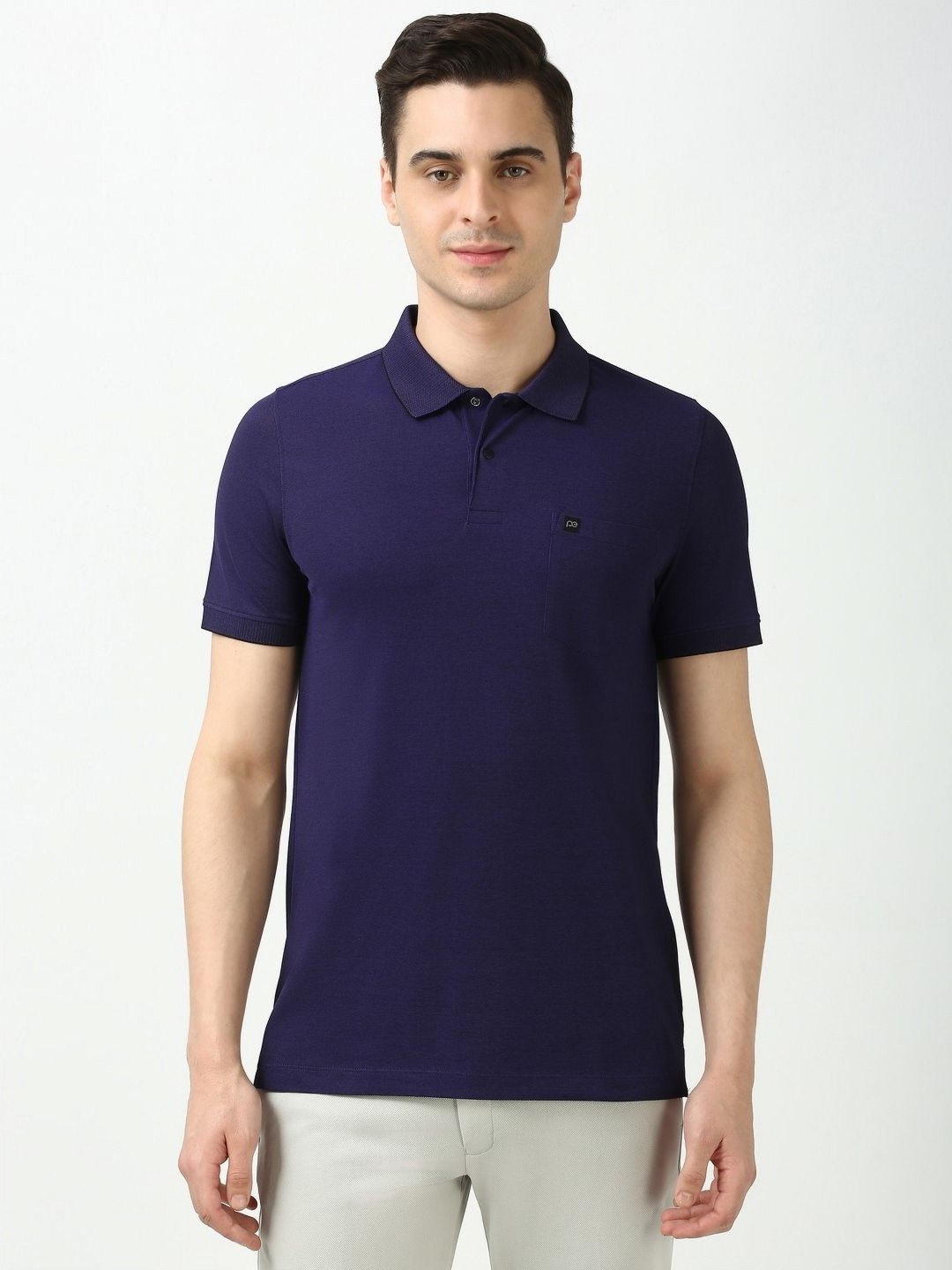

Peter England Men Self Design Polo Collar Cotton T-shirt, Navy blue