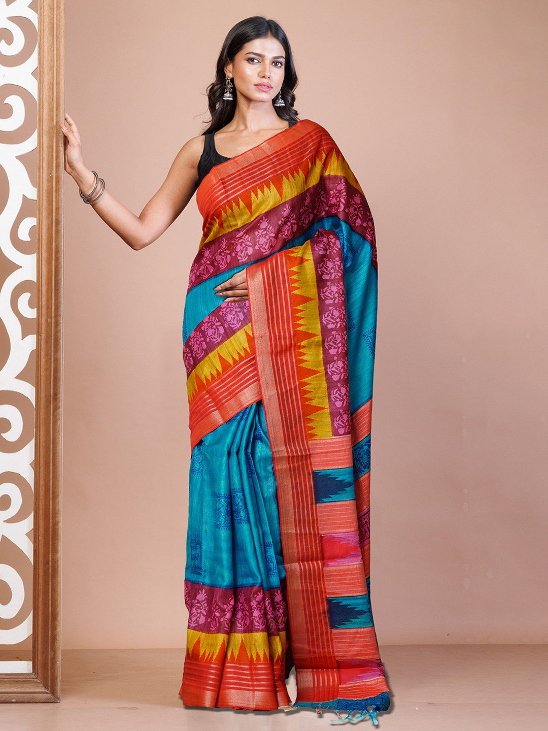 

Unnati Silks Ethnic Motifs Zari Pure Silk Handloom Tussar Saree, Blue