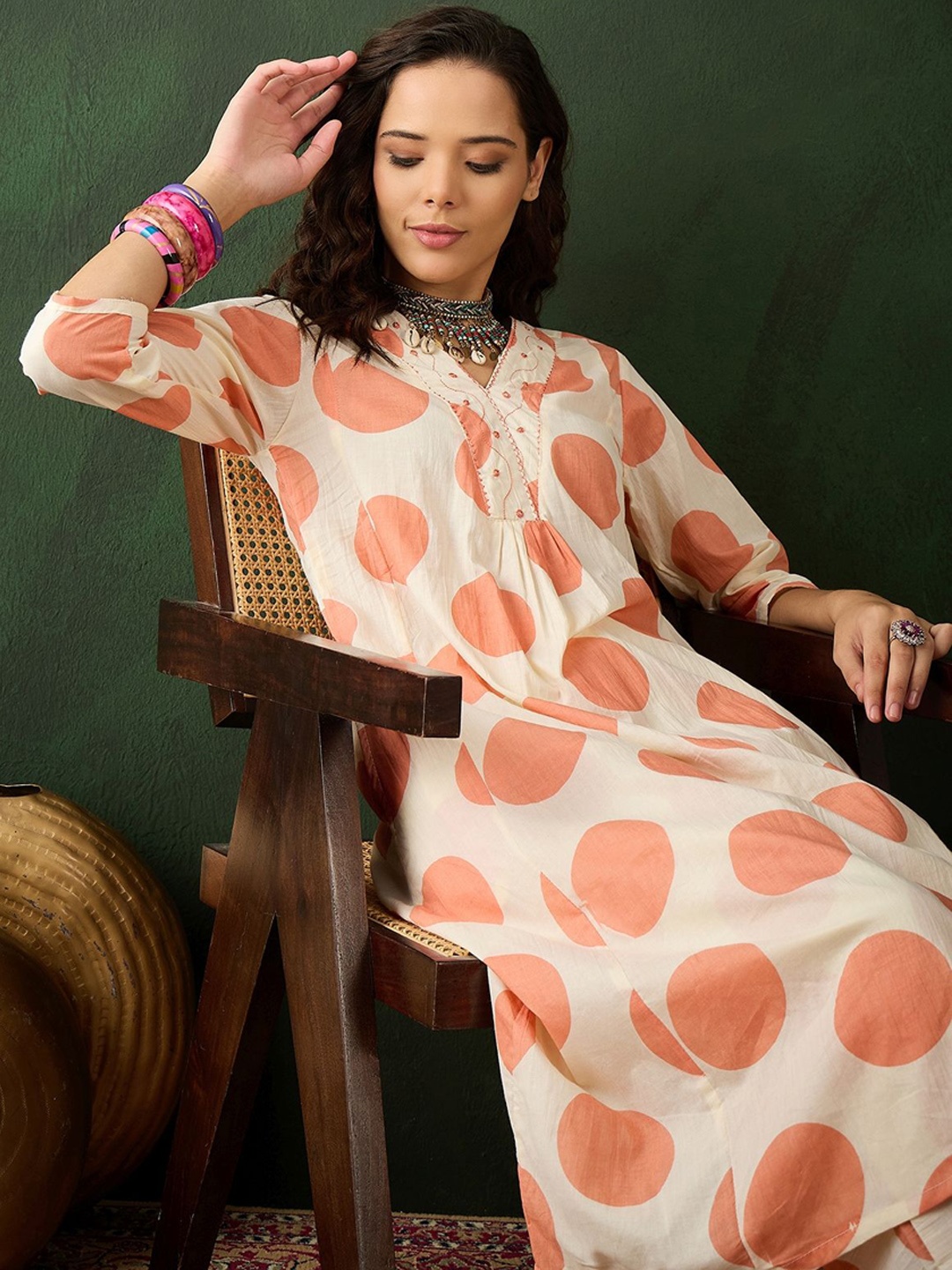 

Sangria Dots Printed Pure Cotton A Line Kurta With Trouser, Orange