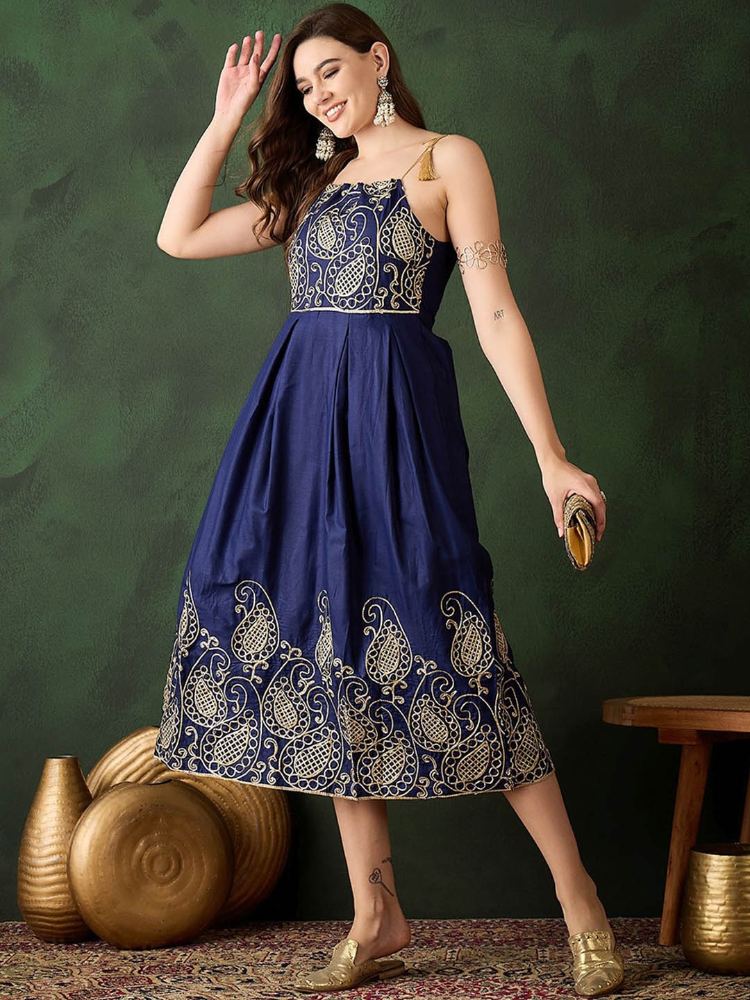 

Sangria Embroidered Fit & Flare Ethnic Dresses, Navy blue