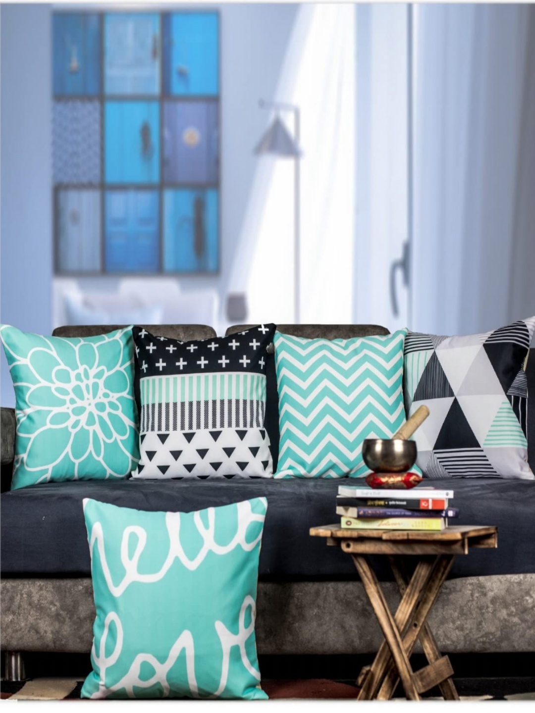 

Vendola Blue & White 5 Pieces Geometric Square Cushion Covers