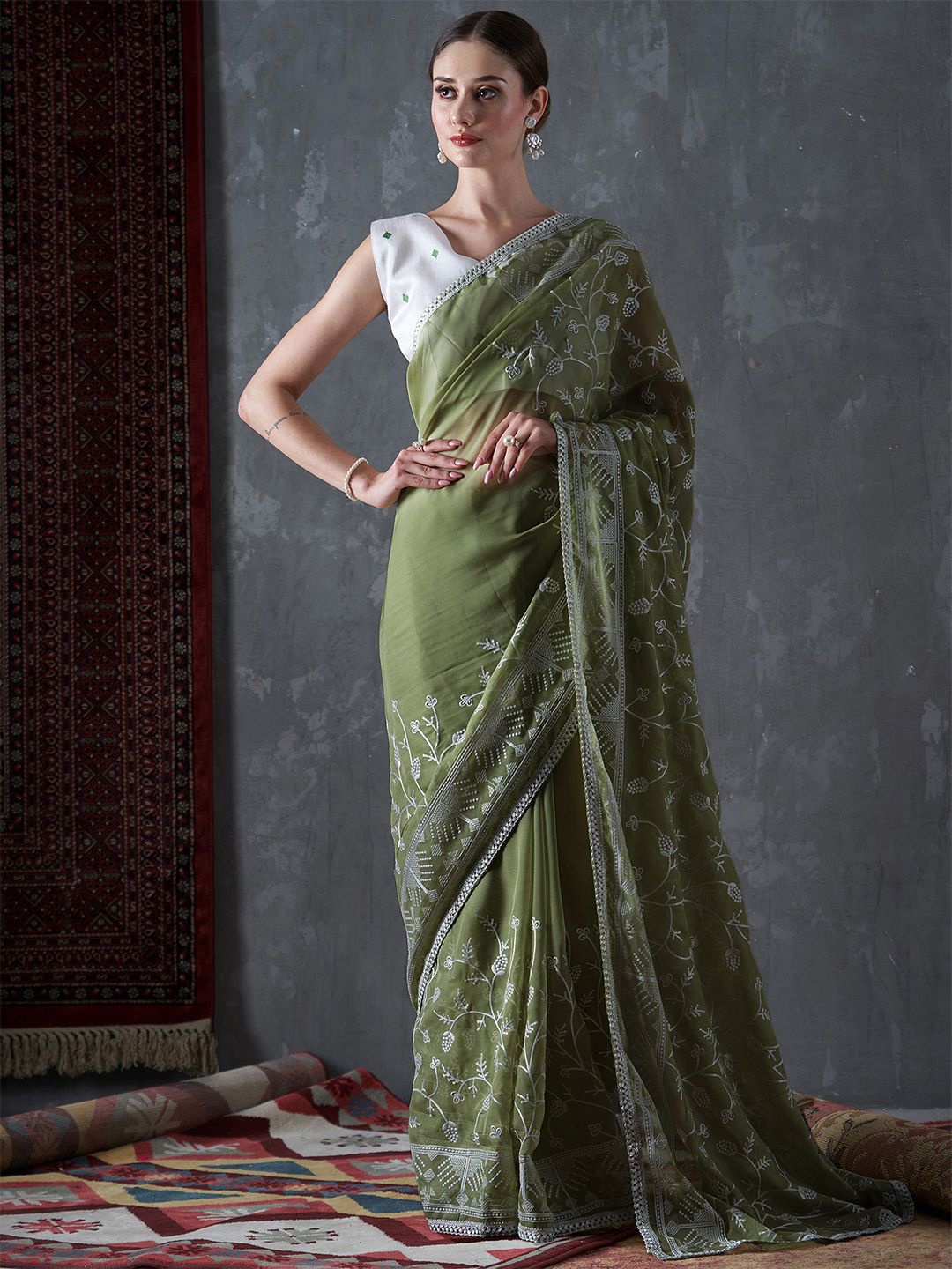 

KALINI Embellished Organza Saree, Olive