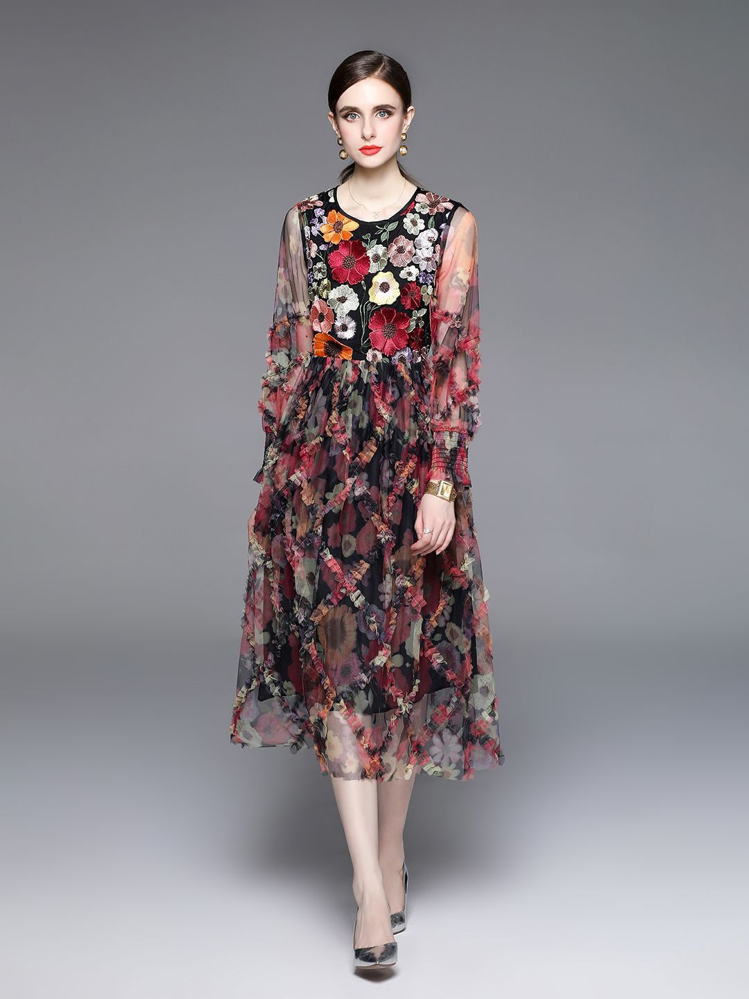 

JC Collection Women Floral Printed Round Neck A-Line Dress, Black