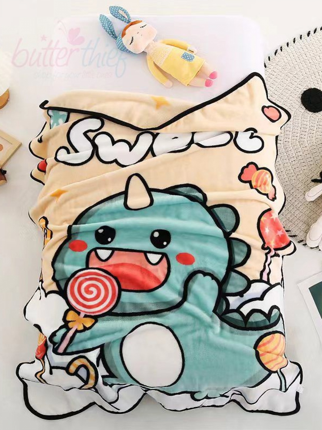 

Butterthief Beige & Green Cartoon Characters AC Room 210 GSM Single Bed Blanket