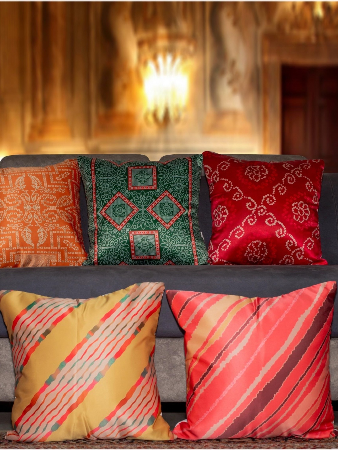 

Vendola Green & Red 5 Pieces Ethnic Motifs Satin Square Cushion Covers