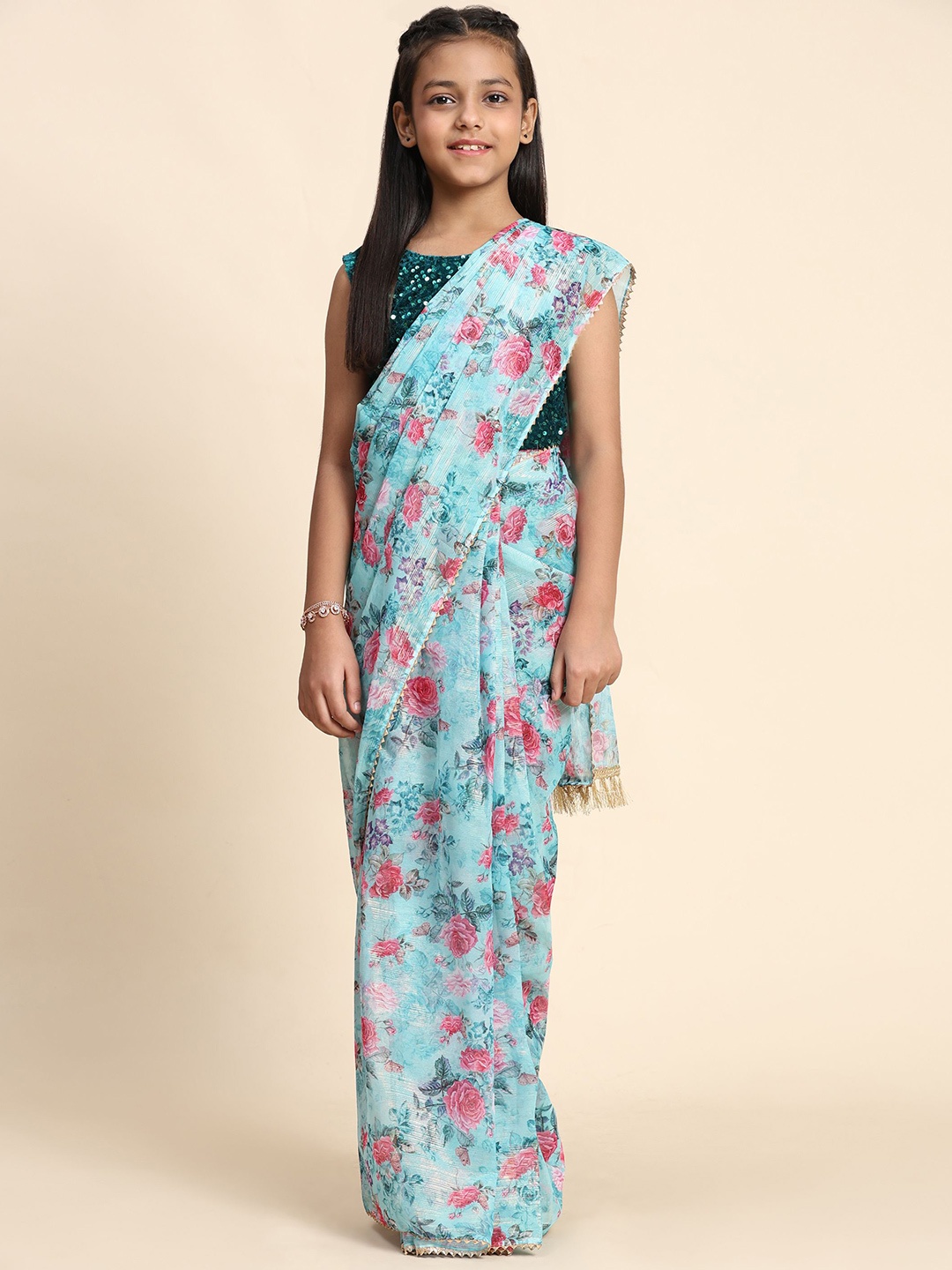 

LOOKS AND LIKES Girls Floral Printed Ready to Wear Saree, Blue