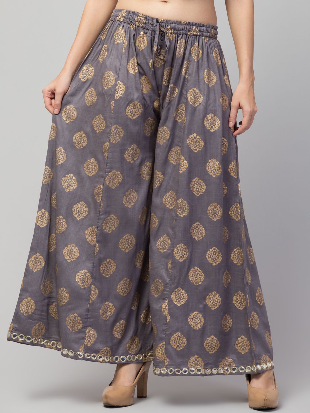 

FAMBEE Women Printed Flared Knitted Palazzos, Grey