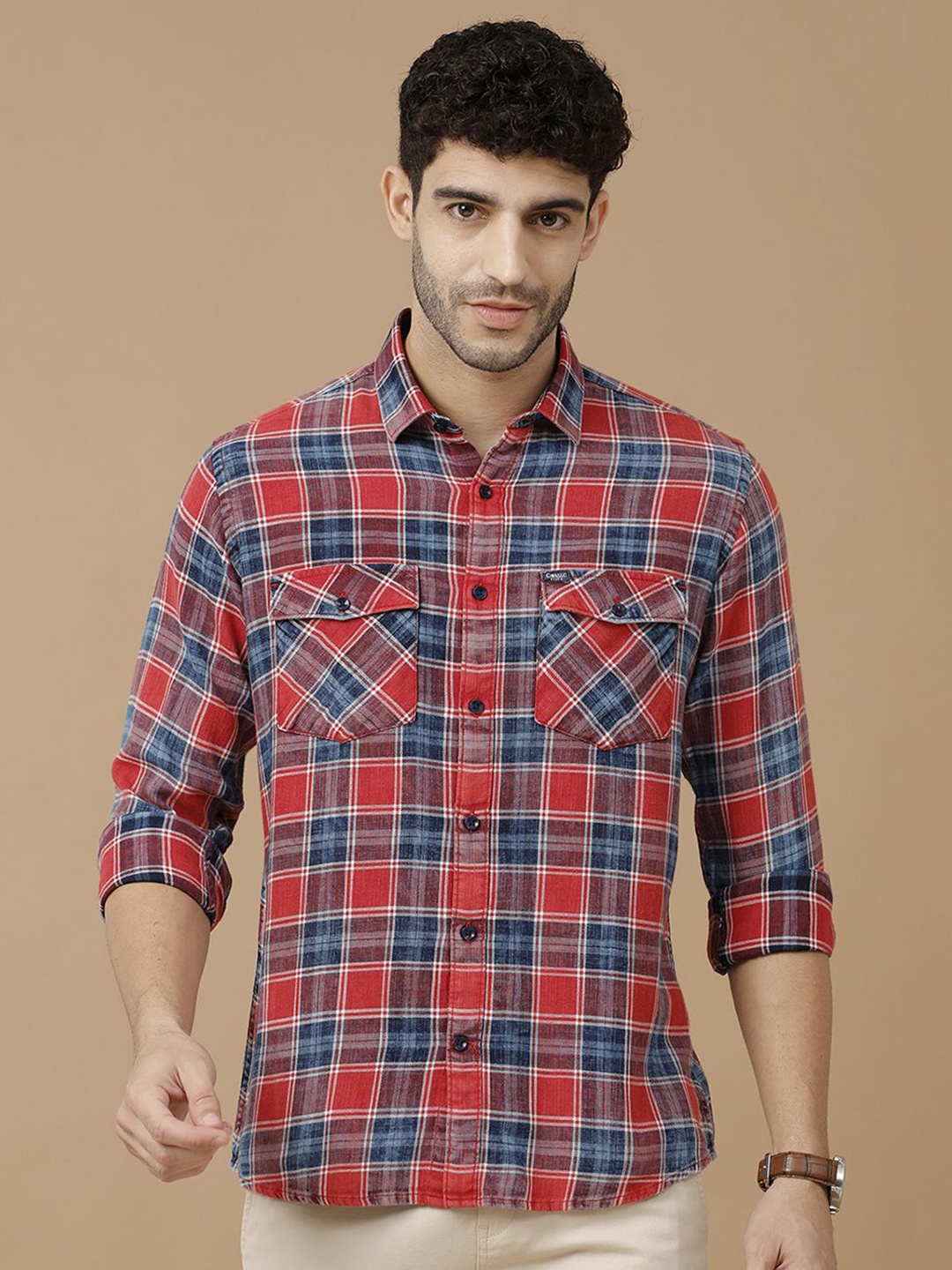 

CAVALLO by Linen Club Men Contemporary Slim Fit Tartan Checks Opaque Checked Casual Shirt, Red