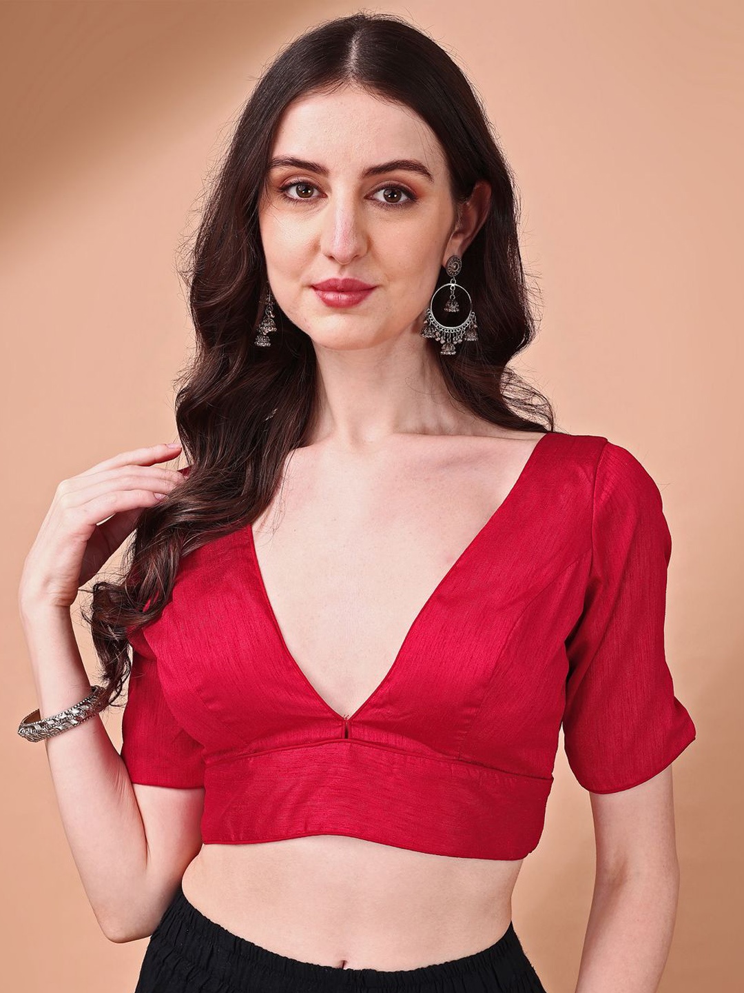 

Tikhi Imli V-Neck Short Sleeves Saree Blouse, Red