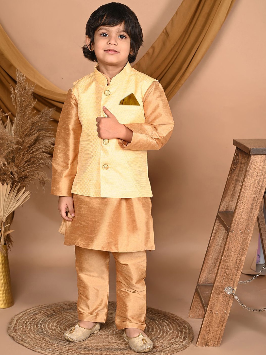 

Pehanaava Boys Mandarin Collar Kurta with Pyjamas & Waistcoat, Gold