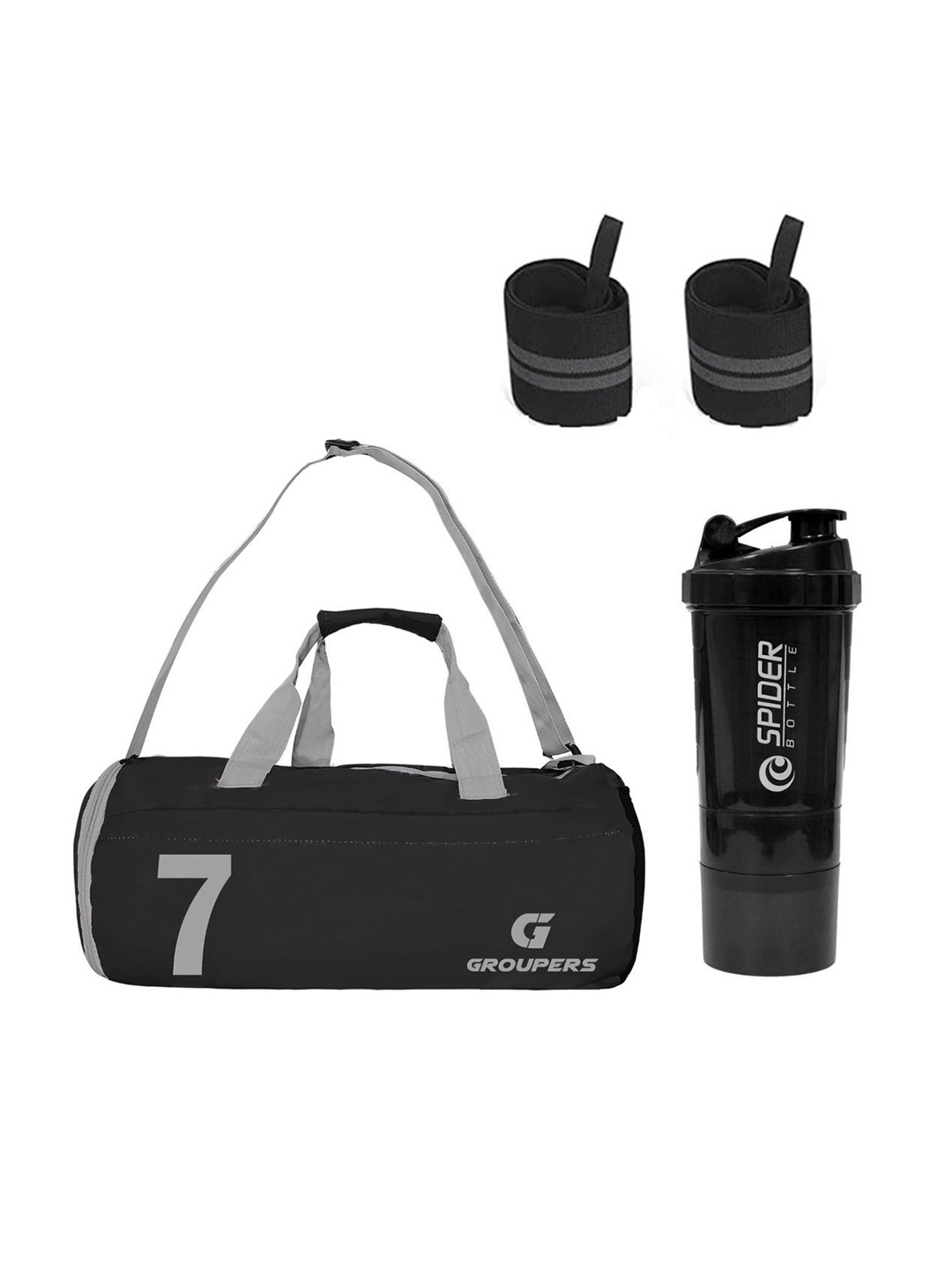 

GROUPERS Medium Foldable Sports Duffel Bag With Shaker Bottle & Wrist Band, Black