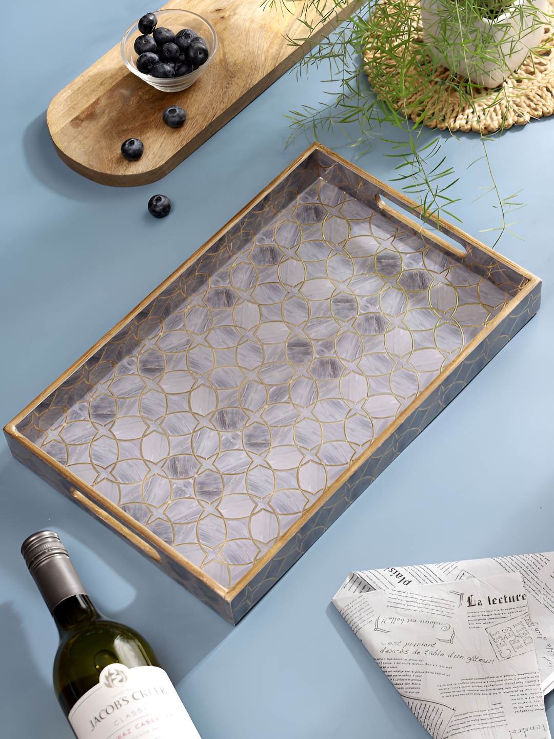 

DULI Lavender & Gold Toned Printed Wooden Serving Tray