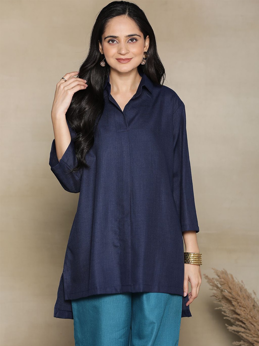 

LetsDressUp Women Solid Shirt Collar Pure Cotton Top, Navy blue