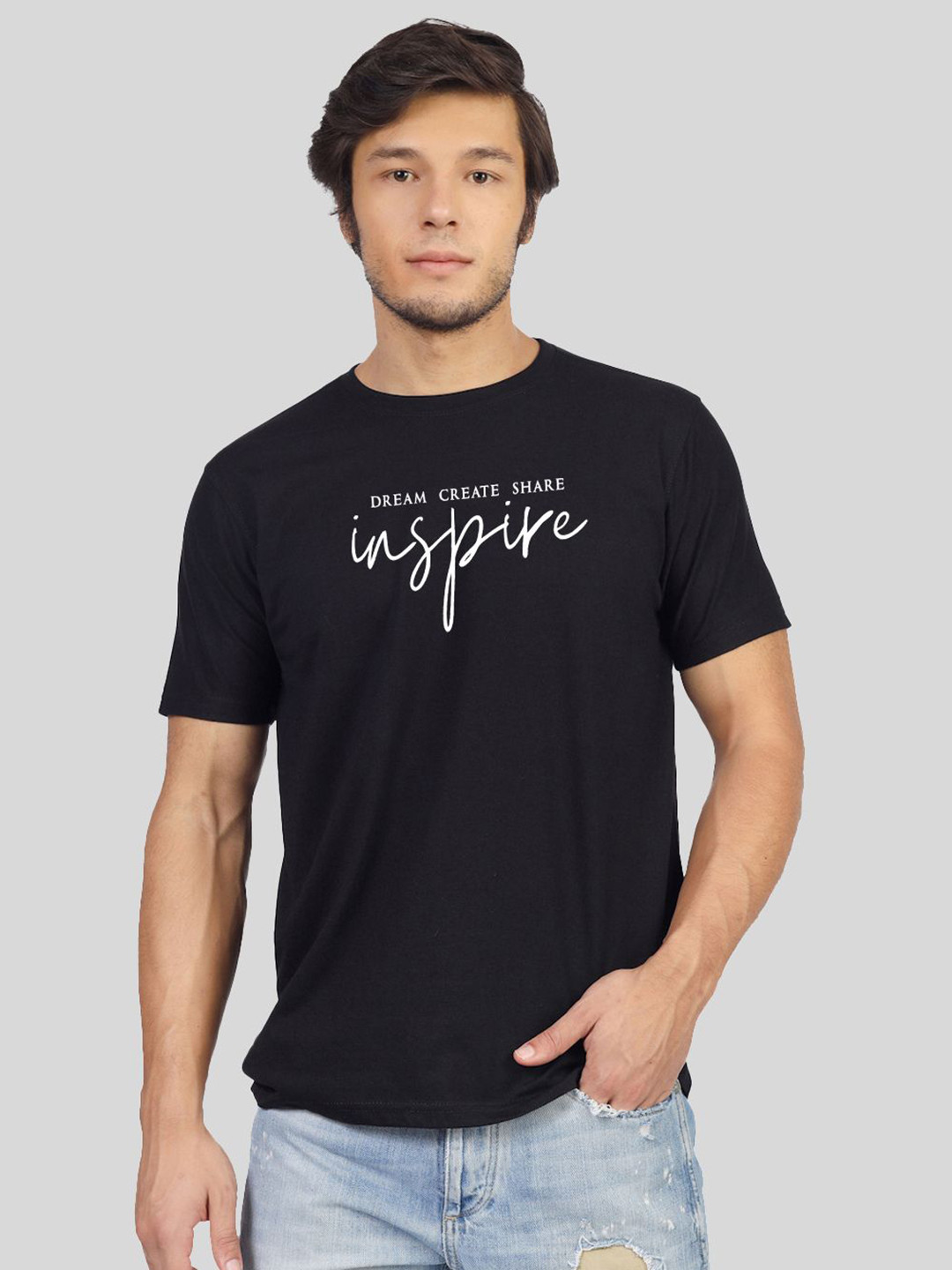 

Greylongg Men Typography Printed Round Neck Cotton T-shirt, Black