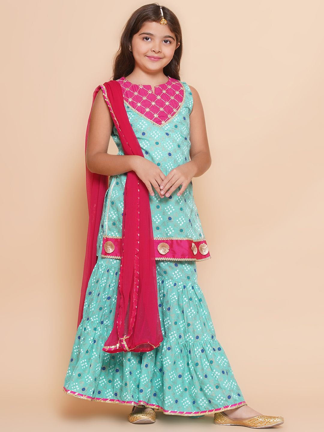 

Bitiya by Bhama Girls Ethnic Motifs Printed Empire Gotta Patti Kurta with Sharara & With Dupatta, Sea green