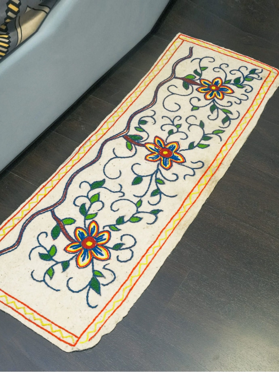 

Swadeh White & Blue Ethnic Motifs Embroidered Woollen Floor Runners