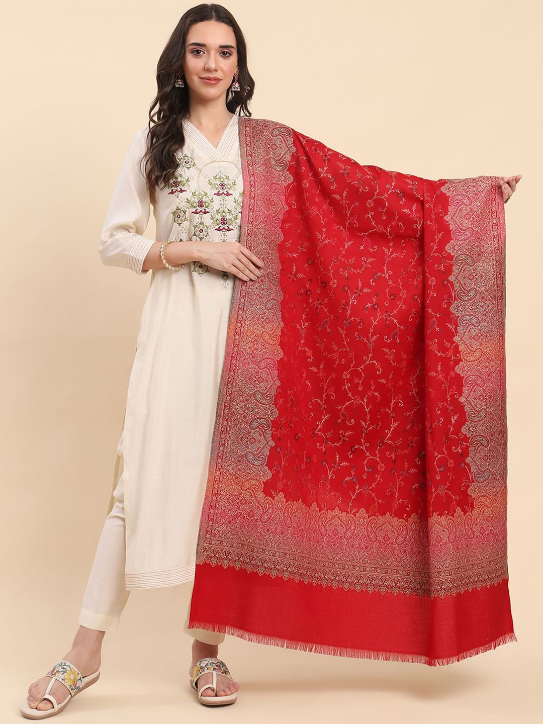 

La Vastraa Women Floral Woven Design Shawl, Red