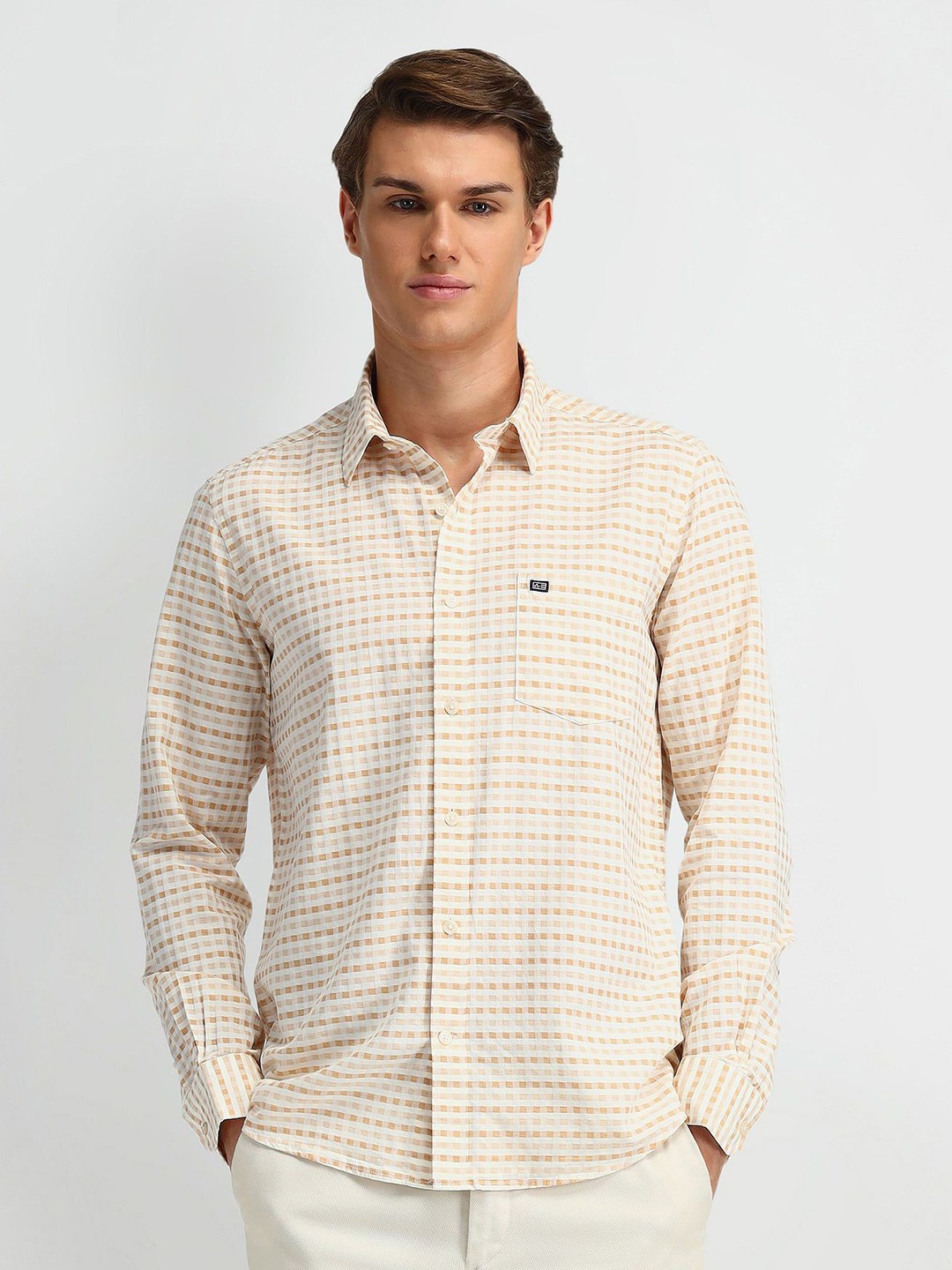 

Arrow Sport Men Modern Slim Fit Opaque Checked Casual Shirt, Beige