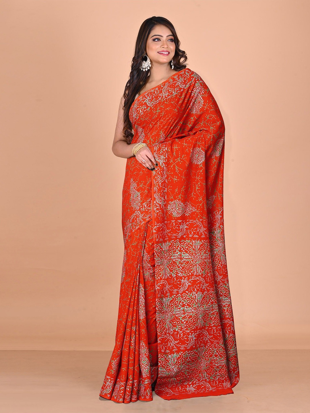 

Unnati Silks Ethnic Motifs Pure Cotton Handloom Block Print Saree, Red