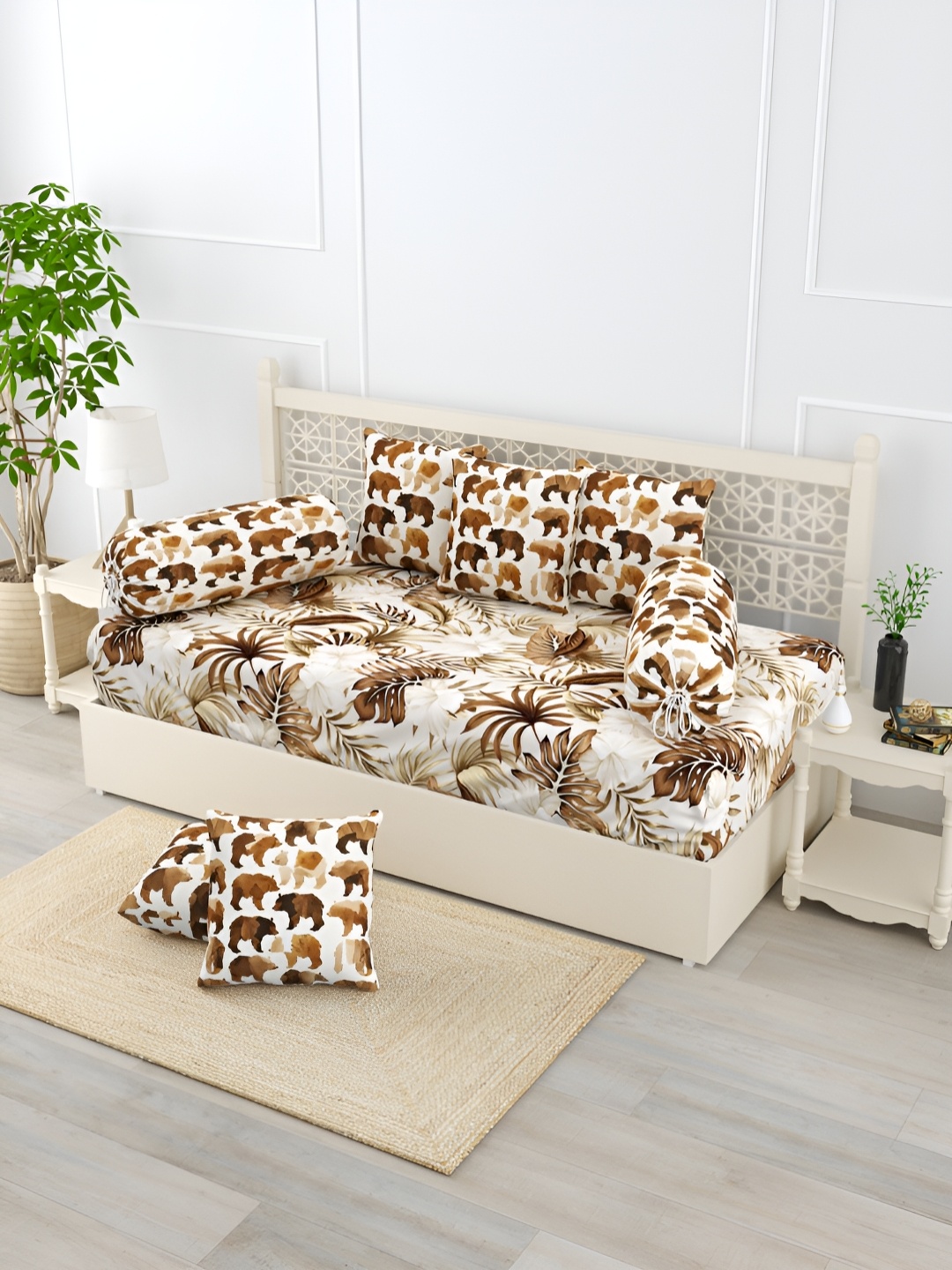 

EverHOME Brown & White 8 Pieces Abstract Printed Pure Cotton Diwan Set