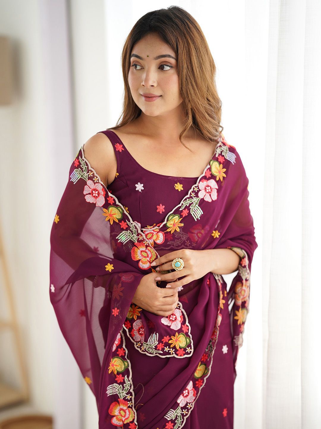

Sangria Embroidered Saree With Blouse Piece, Magenta