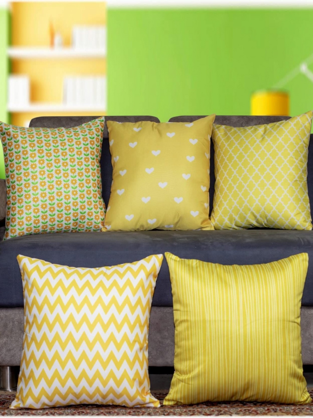 

Vendola White & Yellow 5 Pieces Geometric Printed Satin Square Cushion Covers