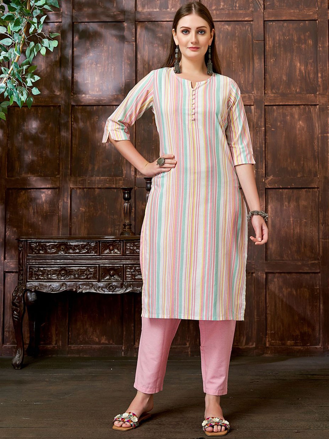 

KALINI Striped Straight Kurta With Trouser, Pink