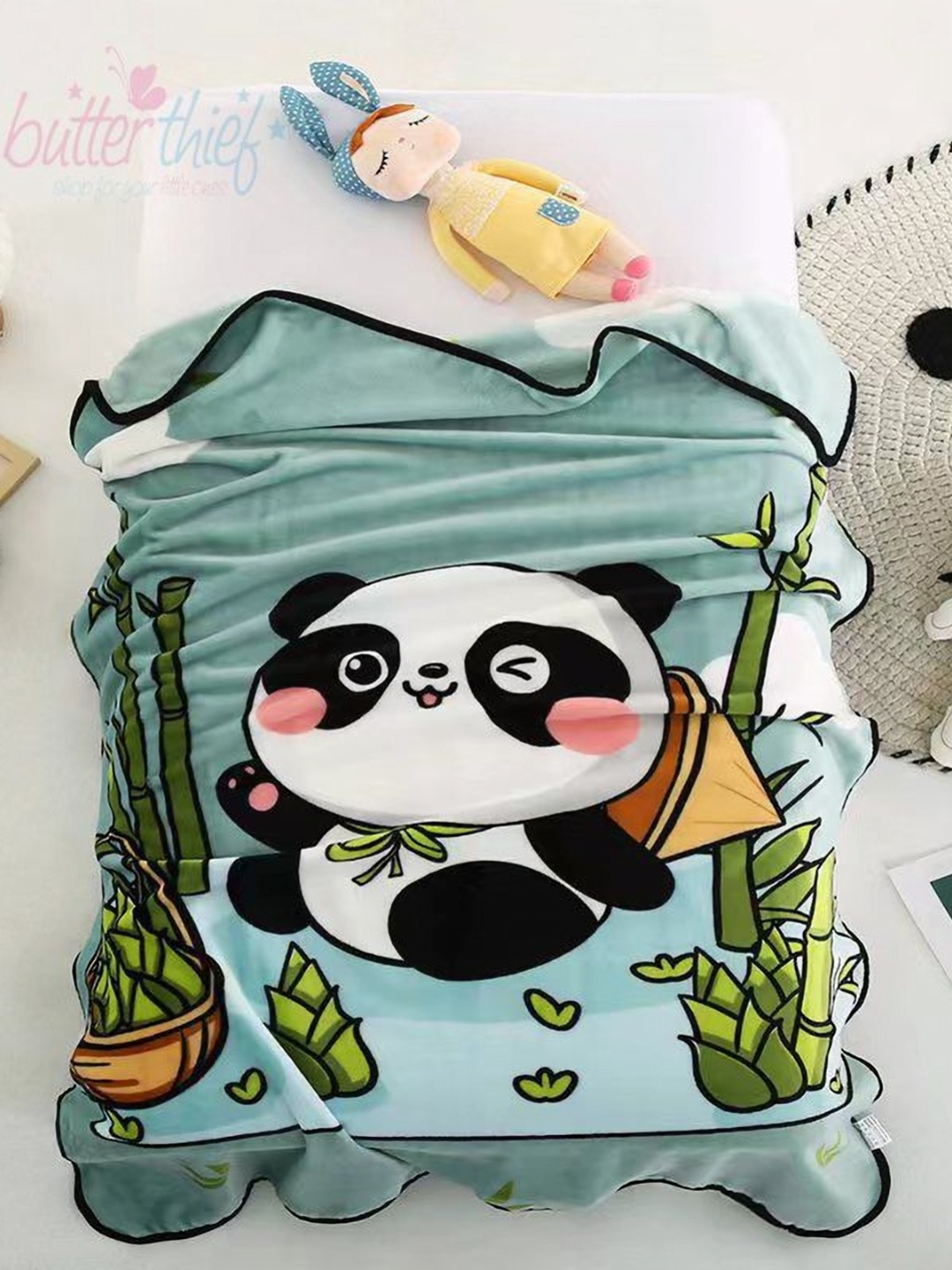 

Butterthief Blue & Green Cartoon Characters AC Room 210 GSM Single Bed Blanket